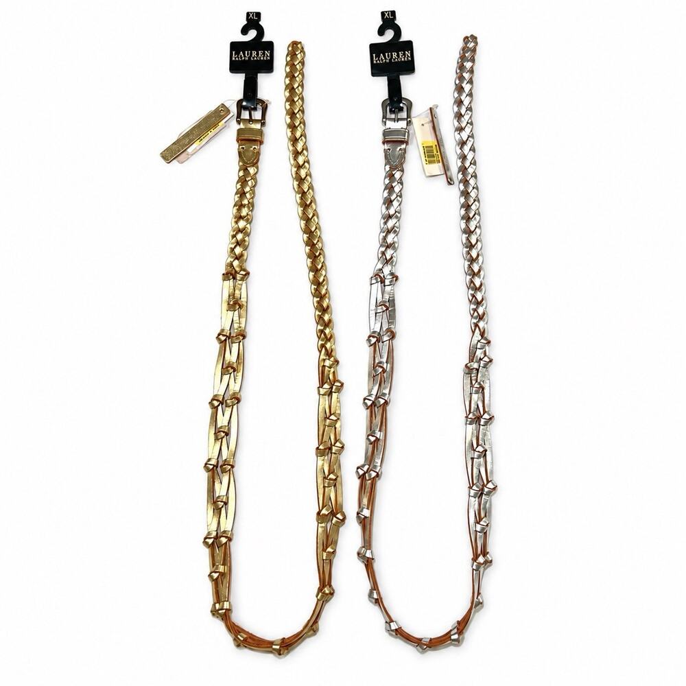 Lauren Ralph Lauren Belts Size XL Metallic Gold Silver Braided Leather Lot Of 2